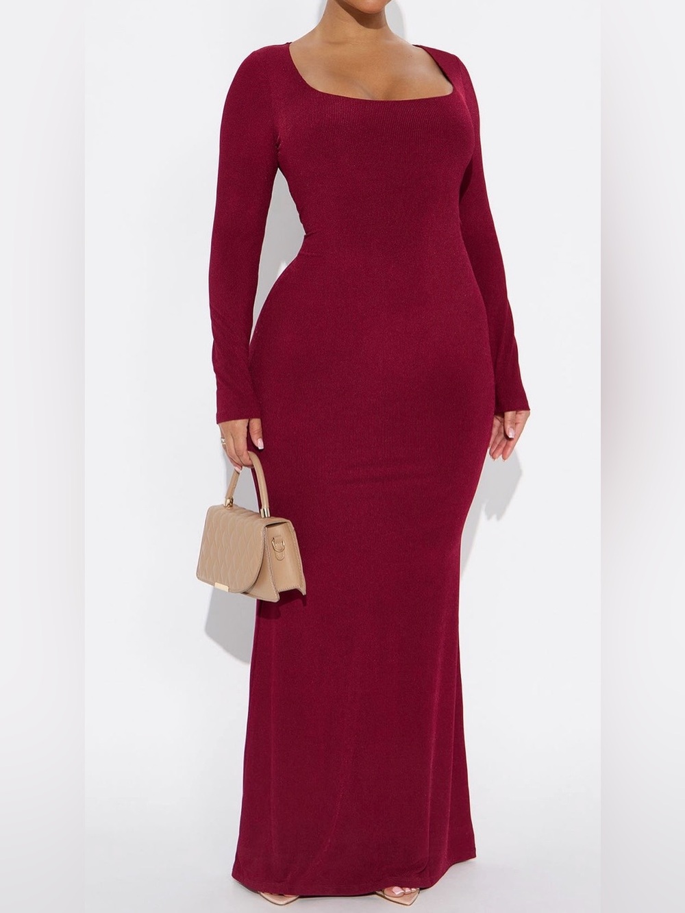 Women's Long Sleeve Square Neck Maxi Dress in Burgundy